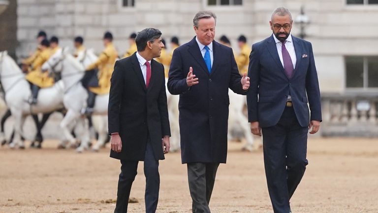 (Left to right) Prime Minister Rishi Sunak, Foreign Secretary Lord David Cameron and Home Secretary James Cleverly at the ceremonial welcome for President of South Korea, Yoon Suk Yeol, and his wife, Kim Keon Hee, at Horse Guards Parade, central London, on day one of the state visit to the UK. Picture date: Tuesday November 21, 2023.

