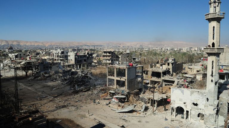 Destruction in the al-Dukhaneya neighborhood near Damascus