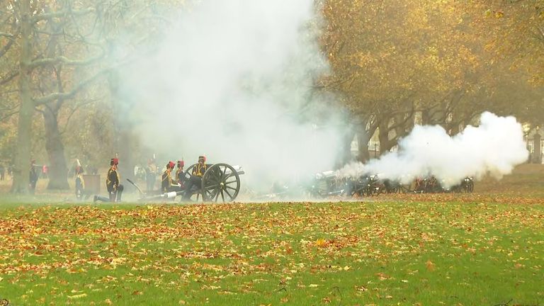 Gun salutes are taking place in Green Park, central London and elsewhere across the UK to celebrate the King&#39;s 75th birthday