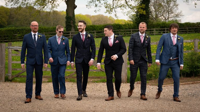 Tom Lynch (third from left) met several of his grooms men through playing COD in lockdown. Pic: Julie King Photography