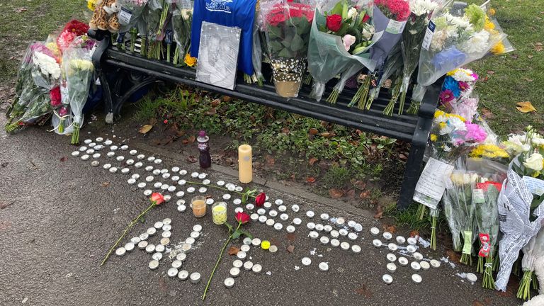Tributes left on a bench on Broadgate Lane, Horsforth, following the death of a 15-year-old boy named locally as Alfie Lewis, who was attacked in the Horsforth area of Leeds