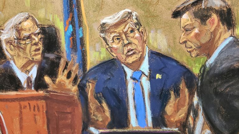 Former U.S. President Donald Trump is questioned by Kevin Wallace of the New York Attorney General&#39;s Office, during the Trump Organization civil fraud trial before Judge Arthur Engoron in New York State Supreme Court in the Manhattan borough of New York City, U.S., November 6, 2023 in this courtroom sketch. REUTERS/Jane Rosenberg