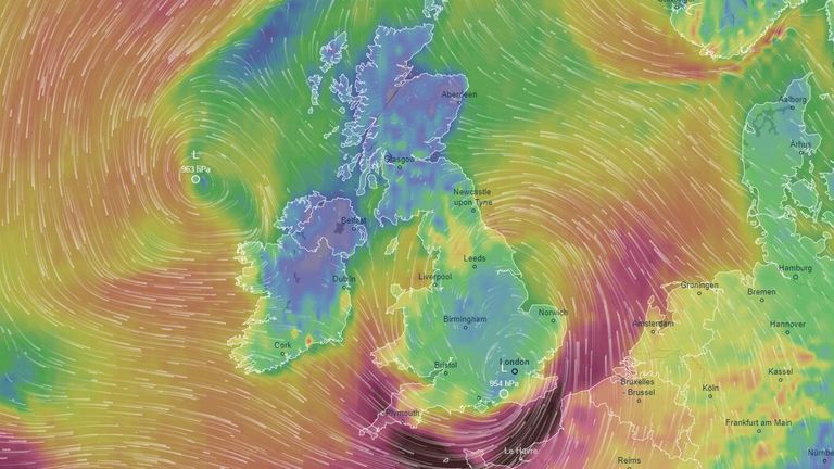 A weather map by Ventusky shows wind speeds with purple indicating speeds of more than 100km/h and dark purple in excess of 140km/h