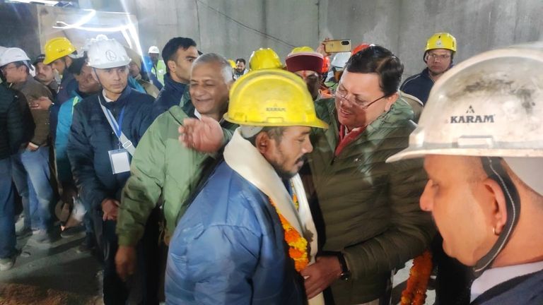 The rescued workers are greeted by the state&#39;s top official as they were brought to the surface
Pic:Uttarakhand State Department
