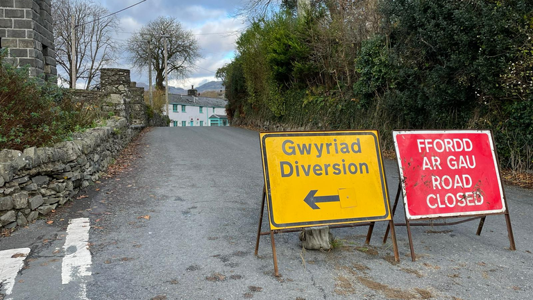 A road has been closed by police near the village of Garreg