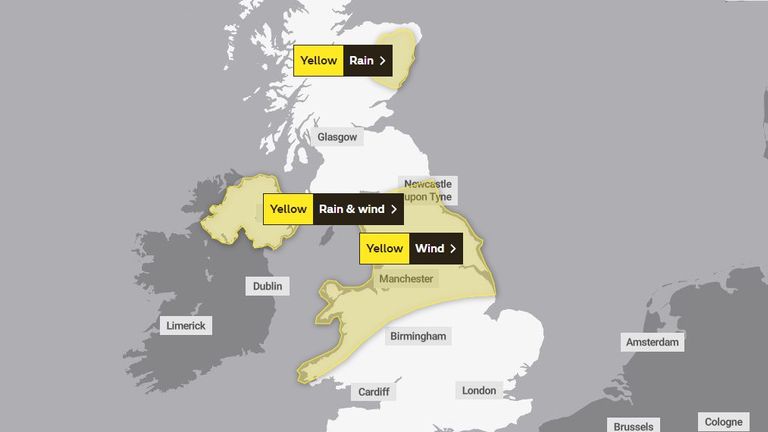 The Met Office&#39;s UK weather warnings stretch across Northern Ireland, England, Scotland and Wales