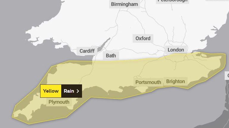 A Met Office yellow weather warning for rain is in place across southern England on Saturday