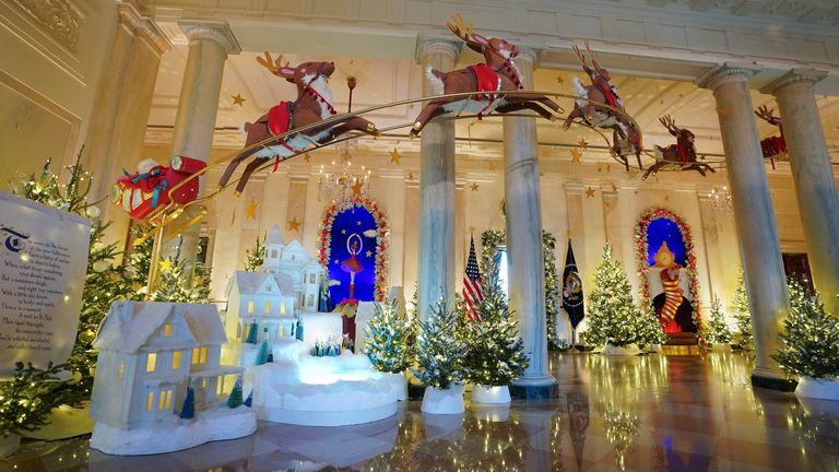 Decorations adorn the Grand Foyer during a media preview of the "Magic, Wonder and Joy" theme holiday decorations at the White House in Washington, U.S., November 27, 2023. REUTERS/Kevin Lamarque