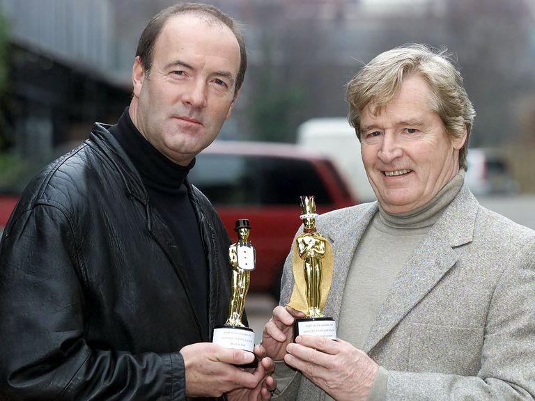 Coronation street actor William Roache (right) with Brookside's Dean Sullivan with their 'Soap Oscars' in 2001