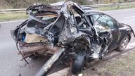 The wreckage of the stationary Ford Focus that had broken down in Essex. Pic: @EPRoadsPolicing