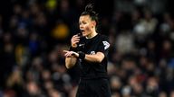 Referee Rebecca Welch stops play during the Premier League match at Craven Cottage, London. Picture date: Saturday December 23, 2023.