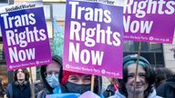 People take part in a demonstration for trans rights outside the UK Government Office at Queen Elizabeth House in Edinburgh. The UK Government made the decision on Monday to block the Gender Recognition Reform (Scotland) Bill, passed by the Scottish Government in December, to prevent it obtaining Royal Assent and becoming law. Picture date: Thursday January 19, 2023.