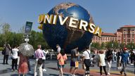 Tourists stop by the iconic sculpture of the Universal Studios theme park in Beijing, China Tuesday, Sept. 07, 2021. Pic: AP