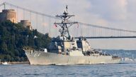 The U.S. Navy destroyer USS Carney (DDG 64) sails in the Bosphorus, on its way to the Mediterranean Sea, in Istanbul, Turkey August 27, 2018. REUTERS/Yoruk Isik