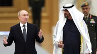 Russian President Vladimir Putin, left, gestures speaking to Emirati President Sheikh Mohammed bin Zayed Al Nahyan during an official welcome ceremony at Qasr Al Watan, Abu Dhabi, United Arab Emirates, Wednesday, Dec. 6, 2023. Pic: AP