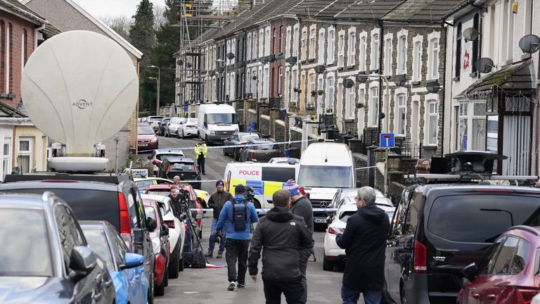 The scene on Moy Road in the village of Aberfan, Merthyr, South Wales, after a 29-year-old woman was stabbed around 9.10am this morning. South Wales Police said armed officers are searching for a male suspect. Picture date: Tuesday December 5, 2023.