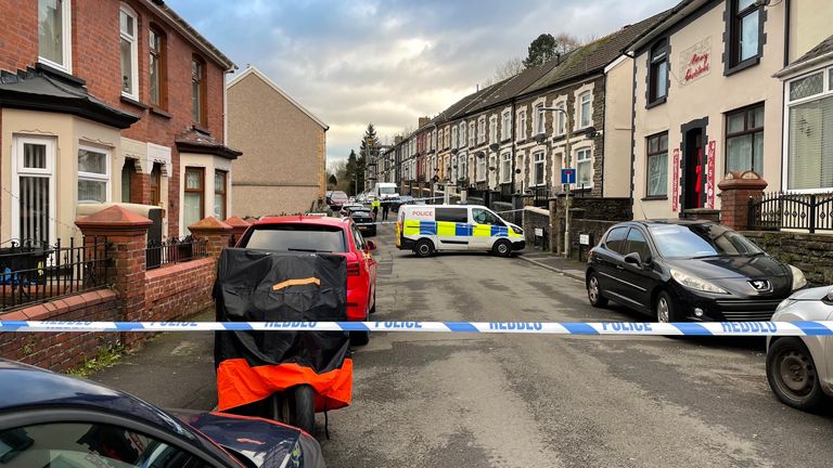 Police at the scene of the stabbing in Aberfan