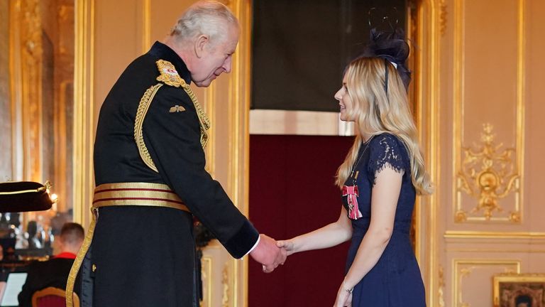 Alicia Harper (Lissie Harper), from Watlington, Campaigner for Harper' Law, is made a Member of the Order of the British Empire by King Charles III at Windsor Castle, Berkshire. The honour recognises services to victims of violent crime and their families. Pcture date: Tuesday December 12, 2023.

