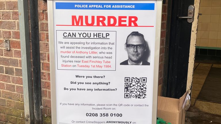 EMBARGOED TO 0001 WEDNESDAY DECEMBER 6 An appeal poster outside East Finchley Underground station in north London as Metropolitan Police detectives are appealing for information in the unsolved murder of Anthony Littler, which took place just outside of the station in May 1984. Picture date: Tuesday December 5, 2023.

