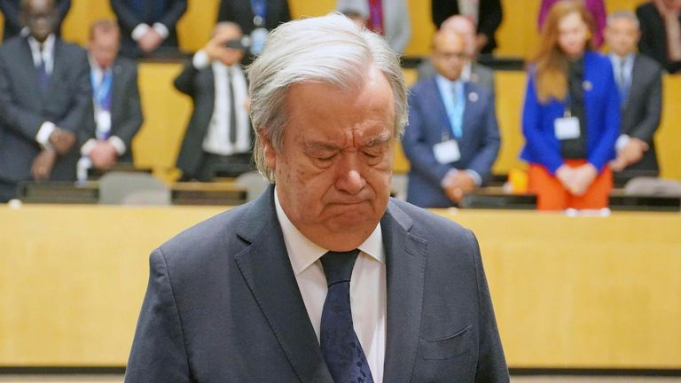 UN Secretary General Antonio Guterres observes a moment of silence at the UN headquarters in New York on Nov. 13, 2023