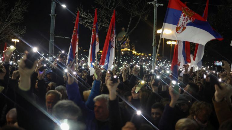Hundreds of protesters turned up outside Belgrade's city hall