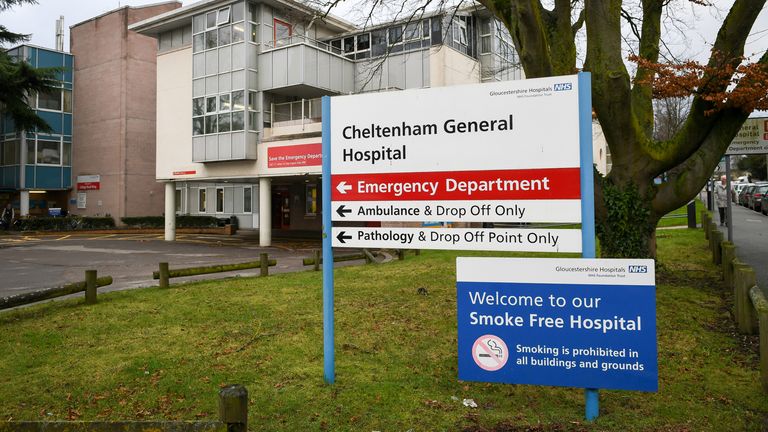 A General Hospital and Emergency Department road sign outside Cheltenham General Hospital.