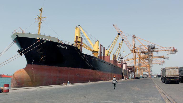 A ship is docked at the Red Sea port of Hodeidah, Yemen, March 23, 2017. REUTERS/Abduljabbar Zeyad