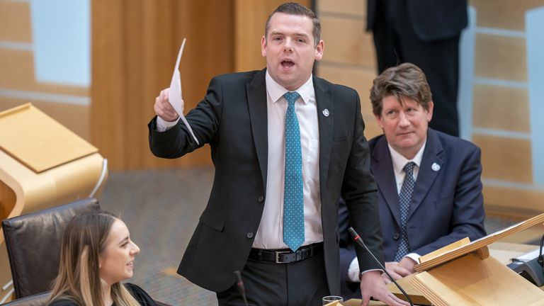 Scottish Conservative leader Douglas Ross during First Minster&#39;s Questions (FMQ&#39;s) at the Scottish Parliament in Holyrood, Edinburgh. Picture date: Thursday June 22, 2023.