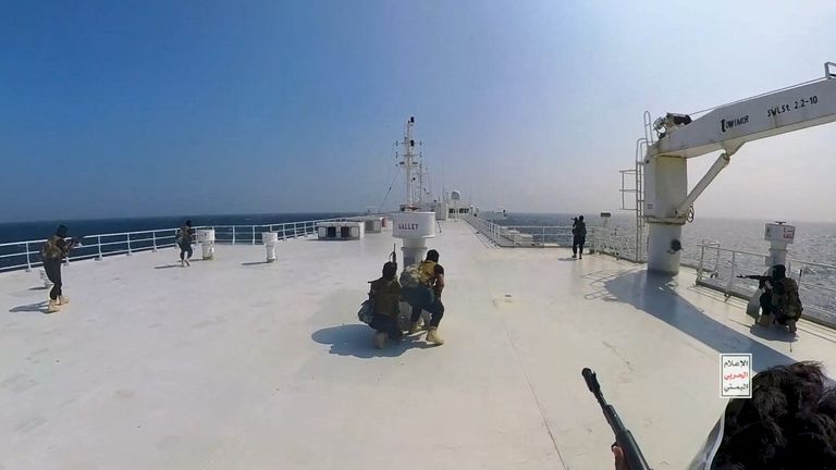 File: Houthi fighters take positions on the deck of the Galaxy Leader cargo ship in the Red Sea in November  2023
Pic:Houthi Military Media/Reuters
