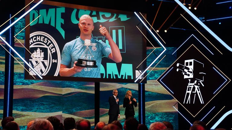 Manchester City&#39;s Erling Haaland speaks via video after winning the BBC World Sport Star of The Year during the 2023 BBC Sports Personality of the Year Awards held at MediaCityUK, Salford. Picture date: Tuesday December 19, 2023.

