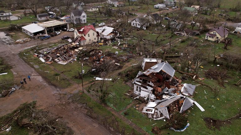 A view of damaged homes in the aftermath of a tornado, after a volatile storm system tore through the South and Midwest on Tuesday and Wednesday, in Glenallen, Missouri, U.S. April 5, 2023. REUTERS/Cheney Orr