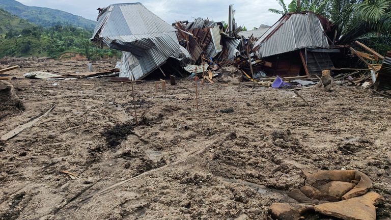 A general view shows the ruins of a home destroyed following rains that destroyed the remote, mountainous area and ripped through the riverside villages of Nyamukubi, Kalehe territory in South Kivu province of the Democratic Republic of Congo May 9, 2023. REUTERS/Djaffar Sabiti