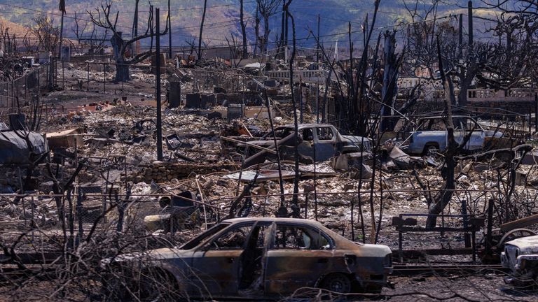 Fire damage is shown in the Wahikuli Terrace neighborhood in the fire ravaged town of Lahaina on the island of Maui in Hawaii, U.S., August 15, 2023. REUTERS/Mike Blake TPX IMAGES OF THE DAY