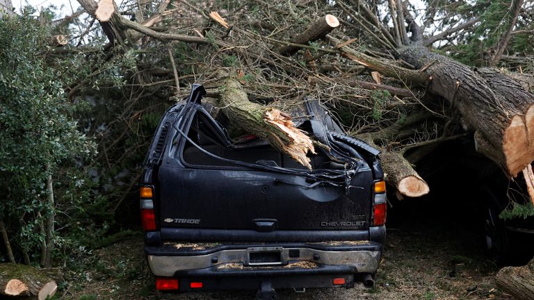 Tree branches on a damaged car during Storm Ciaran in Clohars-Carnoet, Brittany, France, November 2, 2023. REUTERS/Stephane Mahe