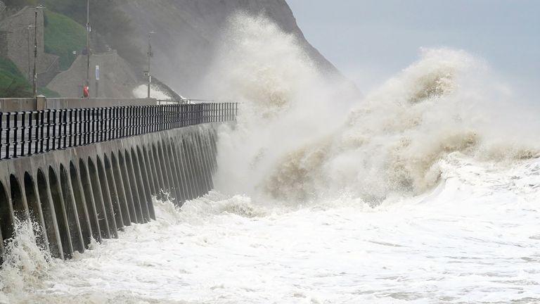 Waves crash over the promenade in Folkestone, Kent, as Storm Ciaran brings high winds and heavy rain along the south coast of England. The Environment Agency has issued 54 warnings where flooding is expected, and an amber weather warning is in place with winds expected to reach 70mph to 80mph. Picture date: Thursday November 2, 2023.