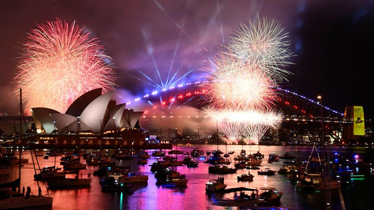 Fireworks explode over Sydney Harbour as New Year&#39;s Eve celebrations get underway in Sydney, Sunday, Dec. 31, 2023. (Dan Himbrechts/AAP Image via AP)