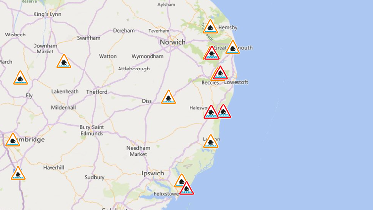 The Environment Agency flooding risk map for Suffolk and Norfolk, taken at 18.05 on 21 December
