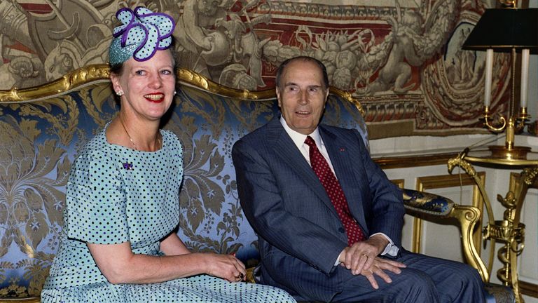 French President Francois Mitterrand with Queen Margrethe prior to a luncheon at the Elysee Palace in 1993
