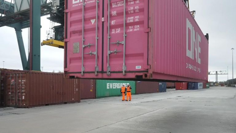 Shipping containers at Freightliner UK&#39;s Manchester terminal. For Tom Heap piece on freight
