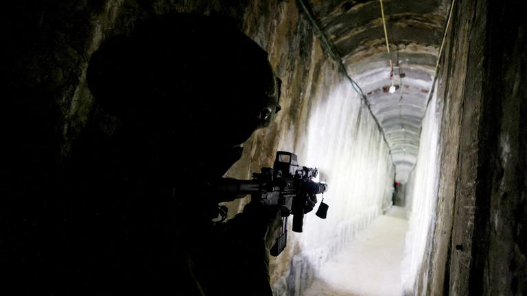 An Israeli soldier secures a tunnel underneath Al Shifa Hospital in Gaza City, amid the ongoing ground operation of the Israeli army against Palestinian Islamist group Hamas, in the northern Gaza Strip, November 22, 2023. REUTERS/Ronen Zvulun  EDITOR&#39;S NOTE: REUTERS PHOTOGRAPHS WERE REVIEWED BY THE IDF AS PART OF THE CONDITIONS OF THE EMBED. NO PHOTOS WERE REMOVED.     TPX IMAGES OF THE DAY     