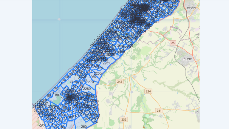 A map of Gaza split into numbered areas released by the Israeli military. Pic: IDF