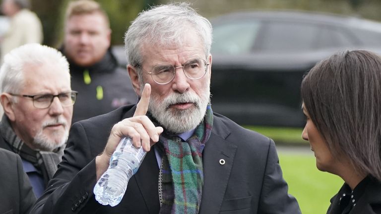 Gerry Adams arrives for the funeral of Shane MacGowan at Saint Mary&#39;s of the Rosary Church, Nenagh, Co. Tipperary. MacGowan, who found fame as the lead singer of London-Irish punk/folk band The Pogues, died at the age of 65 last week. Picture date: Friday December 8, 2023.