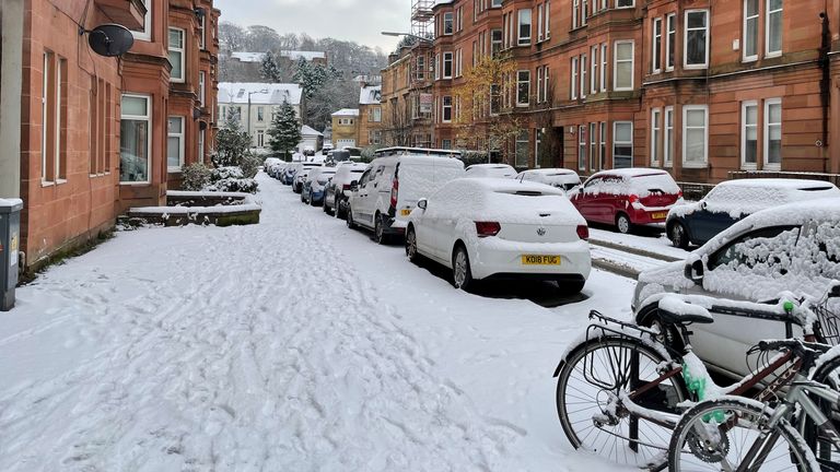 Snow in Glasgow, as scattered weather warnings for snow and ice are in place across the UK as temperatures plunged below freezing overnight. The Met Office has issued yellow warnings through Saturday morning for the northern coast and southwest of Scotland, as well as southwest and the eastern coast of England. Picture date: Saturday December 2, 2023.