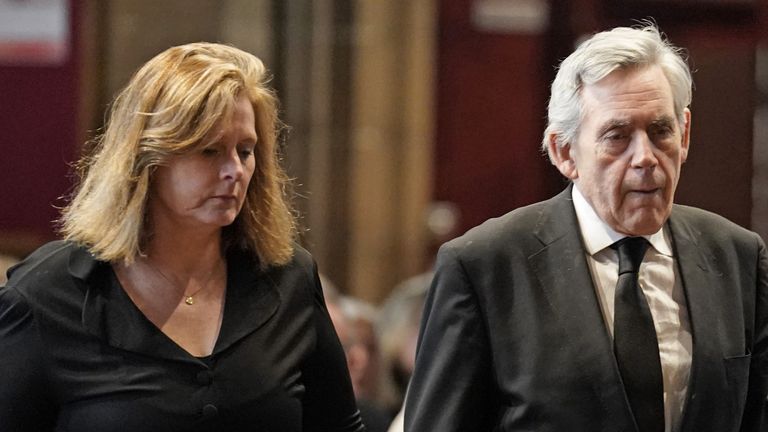Former prime minister Gordon Brown and his wife Sarah Brown attending the memorial service of Alistair Darling at Edinburgh&#39;s St Mary&#39;s Episcopal Cathedral. The former chancellor of the exchequer died on November 30, aged 70, following a stay in hospital where he was being treated for cancer. Picture date: Tuesday December 19, 2023.