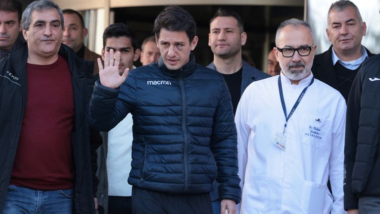 Turkish referee Halil Umut Meler leaves from a hospital in Ankara, Turkey 