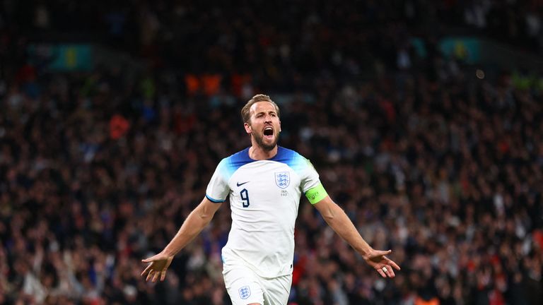 England's Harry Kane celebrates scoring England's third goal versus Italy in the October qualifier