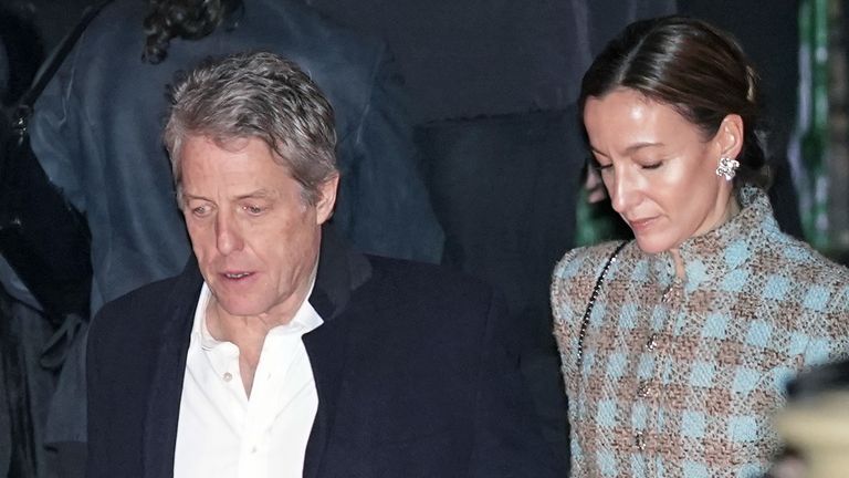 Hugh Grant and his wife Anna Elisabet Eberstein leave the Chanel Metiers d&#39;Art show after party at Victoria Baths in Manchester. Picture date: Thursday December 7, 2023.