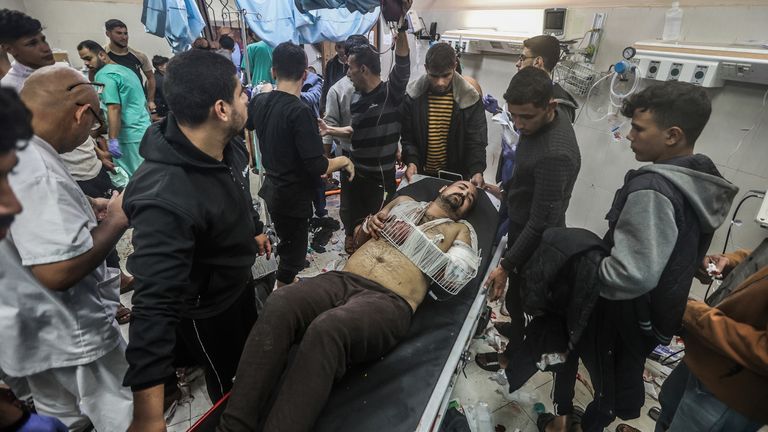 A Palestinian man receives treatment at Nasser Hospital. Pic: AP