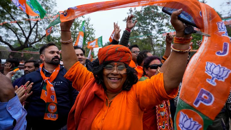Supporters of India&#39;s ruling Bharatiya Janata Party celebrate early leads for the party in Rajasthan state elections in Jaipur, India. Pic: AP