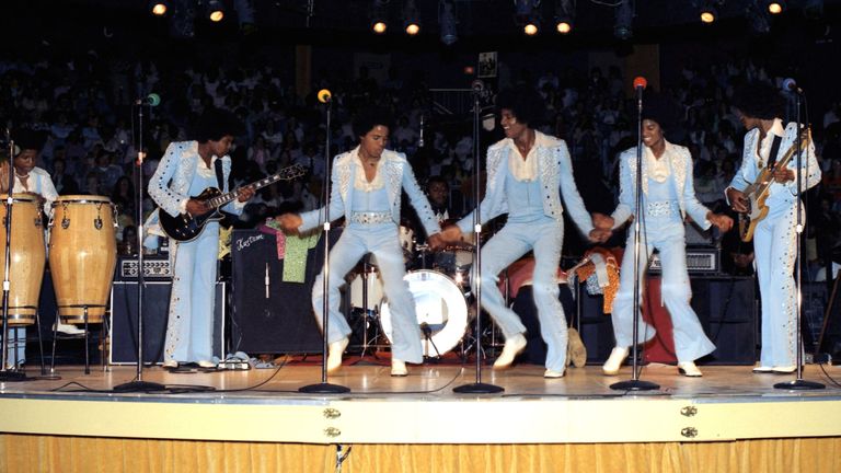 The Jackson Five: from back left: Randy Jackson, Tito Jackson, Marlon Jackson, Jackie Jackson, Michael Jackson, Jermaine Jackson, 1975, Millrun Playhouse Theater in the Round, Nile, Illinois.